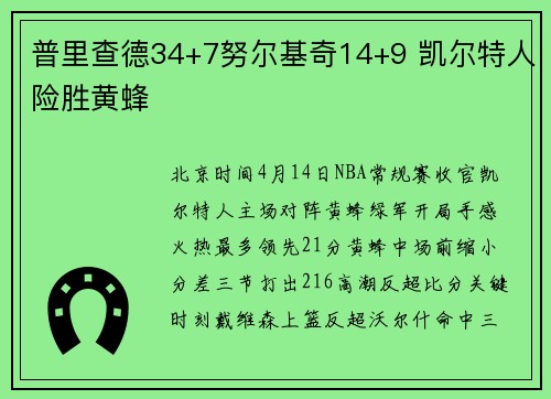普里查德34+7努尔基奇14+9 凯尔特人险胜黄蜂